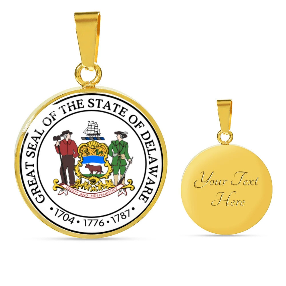 DelawAre State Seal Personalized Engraved Gold Circle Necklace Custom Name Date